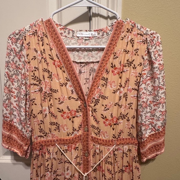 R. Vivimos Bohemian Peach Floral V-Neck Button Down Midi Summer Dress Sz S 4/6 - Picture 4 of 16